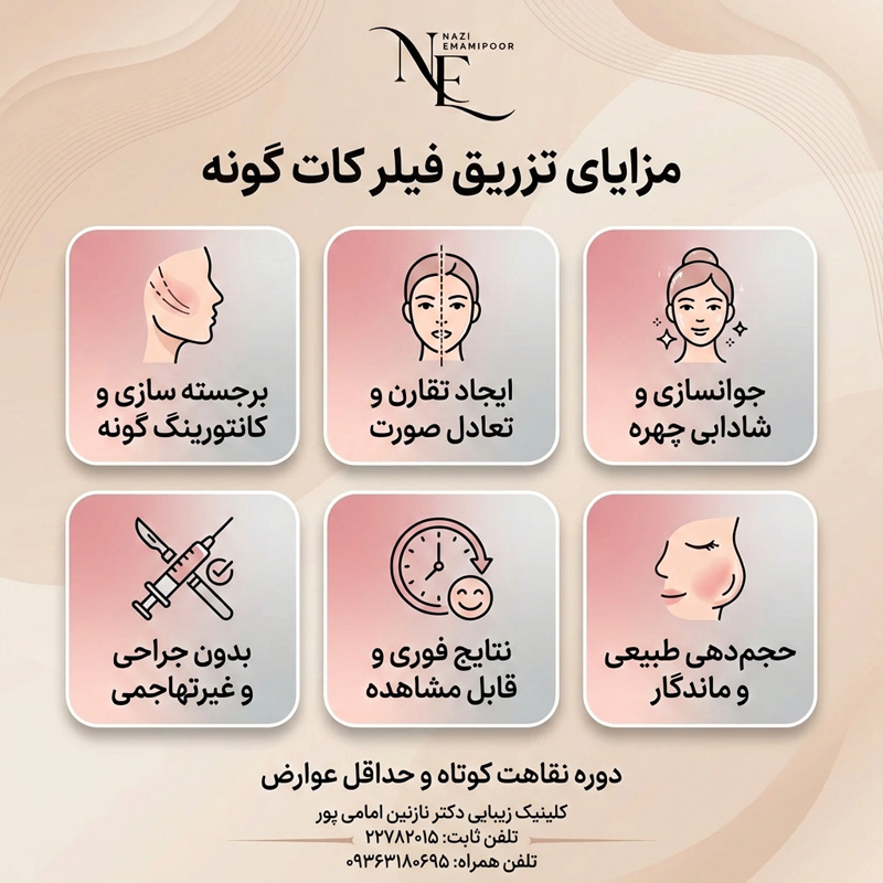 اینفوگرافیک مزایای تزریق فیلر کات گونه؛ بررسی تاثیر لیفت و زاویه‌سازی صورت