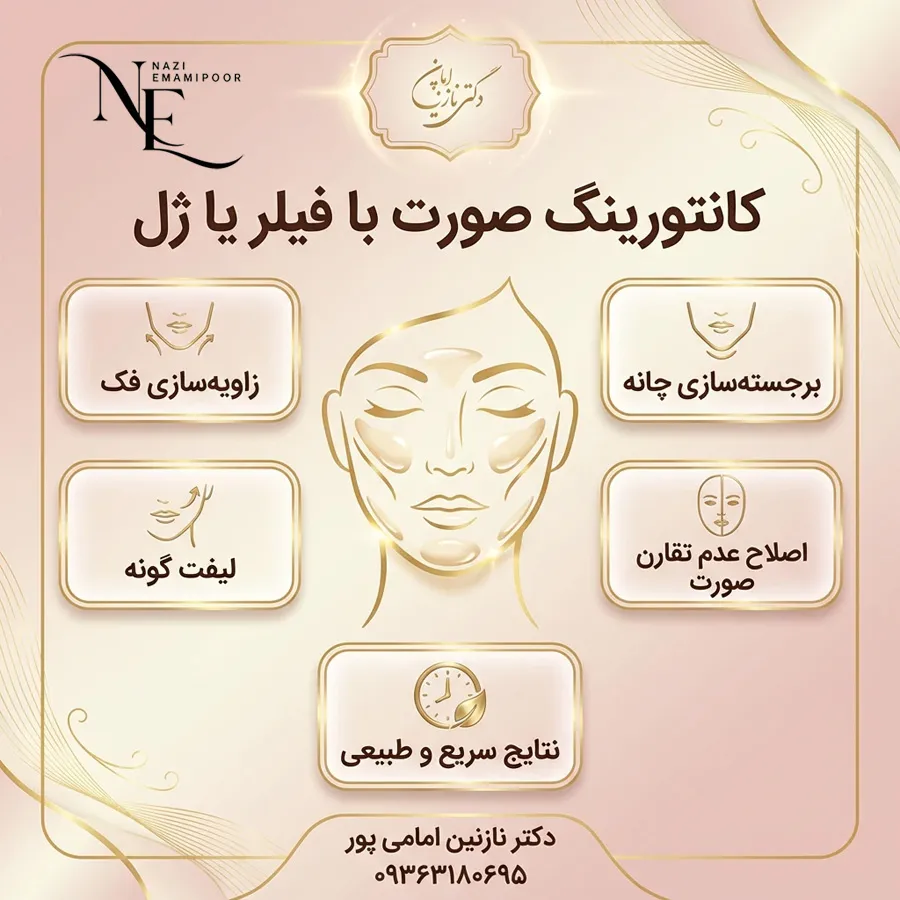 اینفوگرافیک کاربردها و مزایای کانتورینگ صورت با فیلر یا ژل - کلینیک دکتر نازنین امامی‌پور